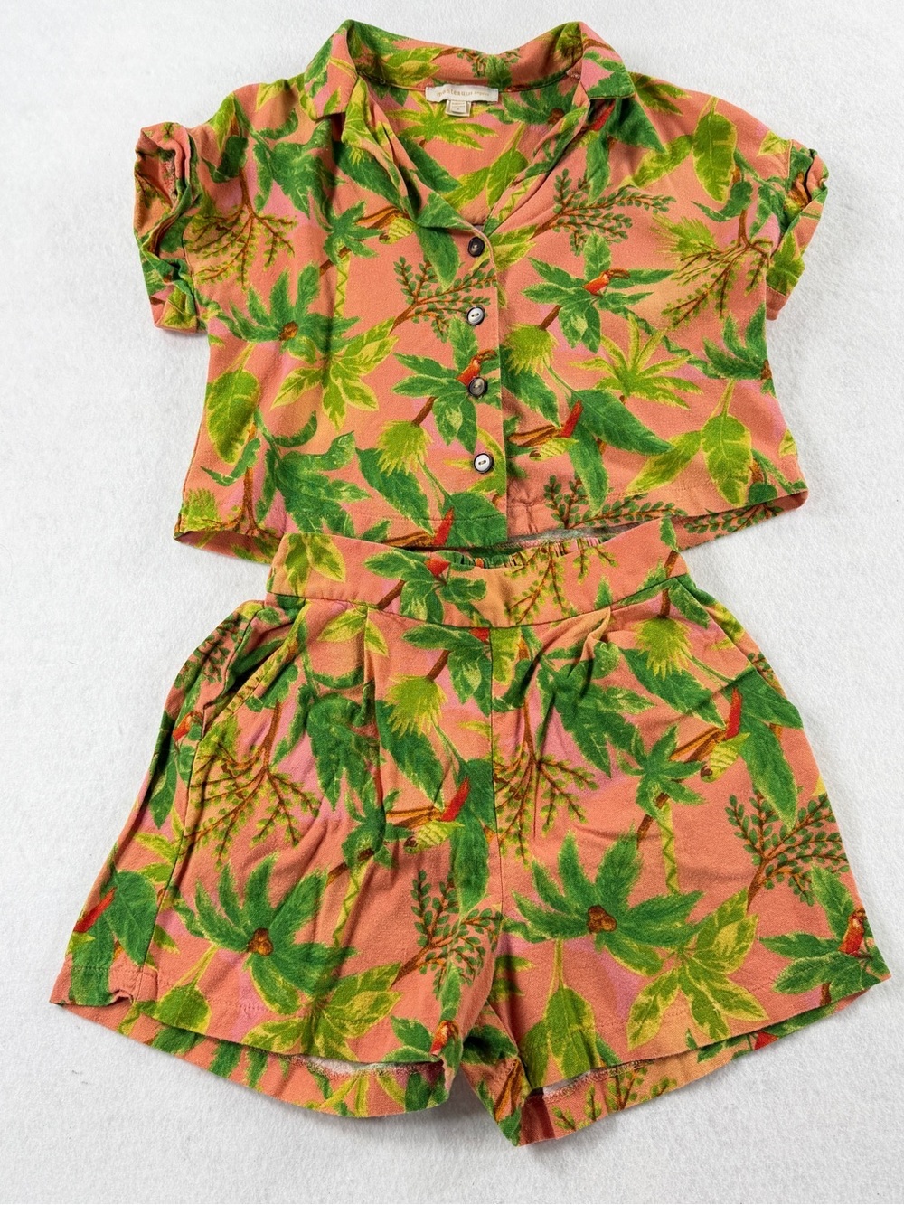 Monteau Los Angeles Tropical Linen Blend Cropped Top & Shorts Set Small